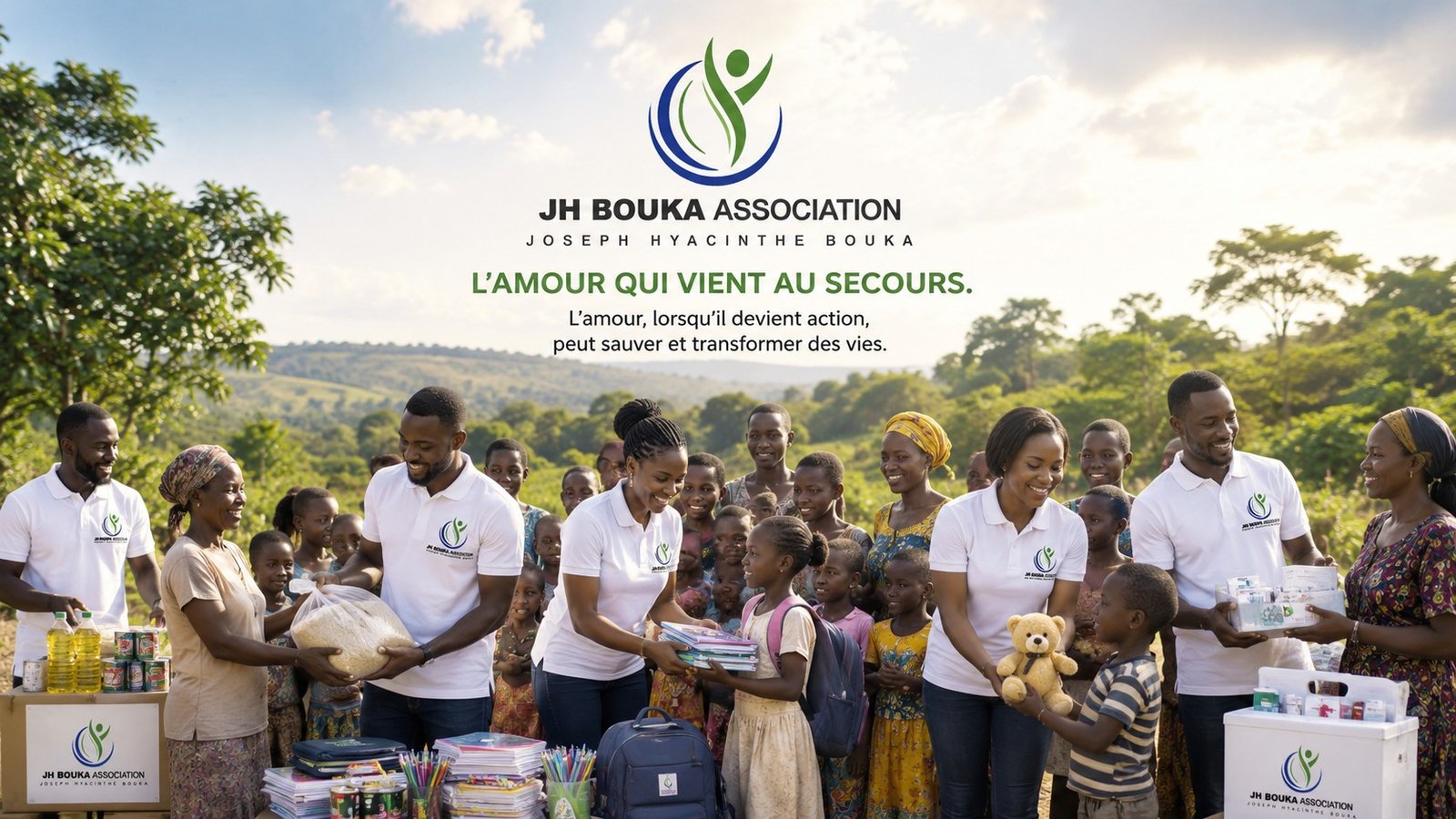 Des membres de J.H.BOUKA Association distribuant une aide humanitaire à une communauté